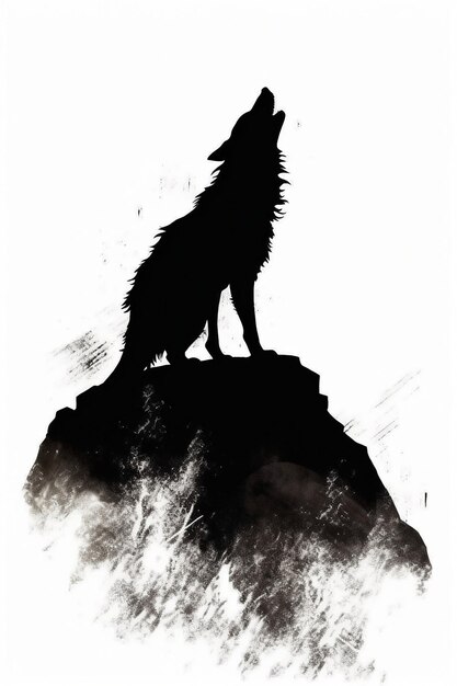 Una silhouette di lupo che ulula su una collina con uno sfondo bianco generativo di AI