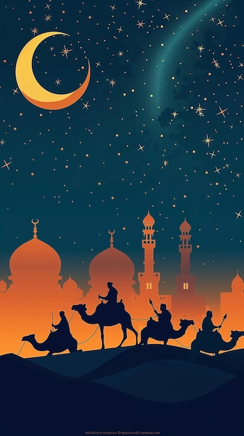 Una silhouette di moschea sullo sfondo persone su cammelli sotto una luna un cielo notturno con stelle