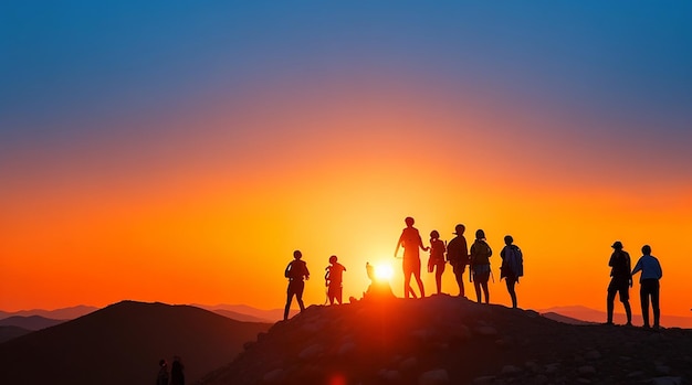 Una silhouette di persone di gruppo si diverte in cima alla montagna vicino alla tenda durante il tramonto
