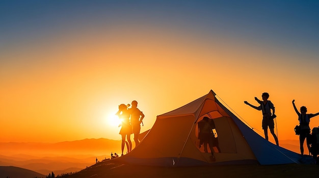 Una silhouette di persone di gruppo si diverte in cima alla montagna vicino alla tenda durante il tramonto