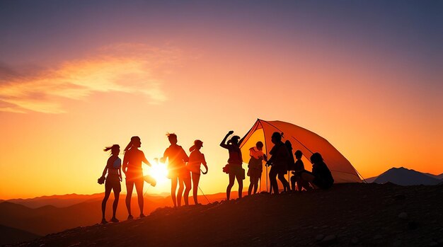 Una silhouette di persone di gruppo si diverte in cima alla montagna vicino alla tenda durante il tramonto