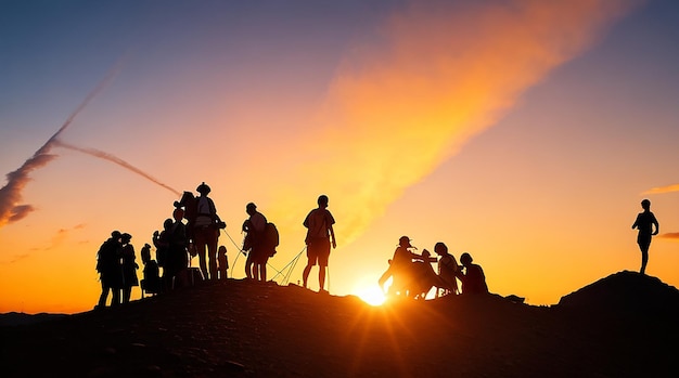 Una silhouette di persone di gruppo si diverte in cima alla montagna vicino alla tenda durante il tramonto