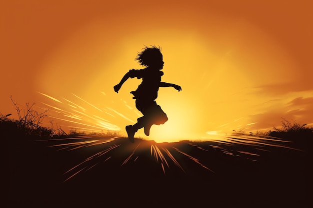 Una silhouette di un bambino che corre in un campo