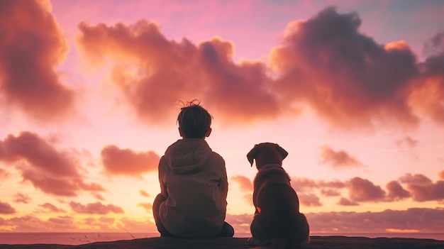 Una silhouette di un bambino e un cane seduti pacificamente sullo sfondo di nuvole pastello morbide che catturano