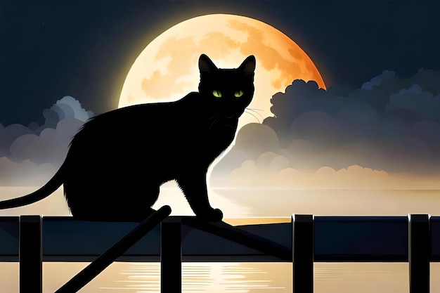 Una silhouette di un gatto al chiaro di luna appollaiato su una recinzione o su un tetto che emette un'aria di mistero e e...