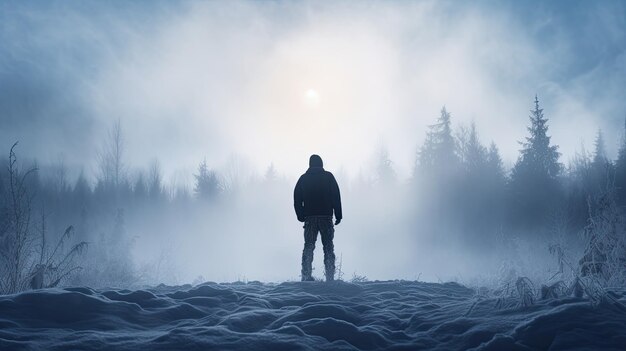 Una silhouette di un giovane uomo in piedi nella natura nebbiosa contemplando la vita Vista posteriore con impronte fresche nella neve profonda Fredda giornata nevosa
