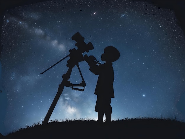 una silhouette di un ragazzo che guarda un telescopio con le stelle sullo sfondo