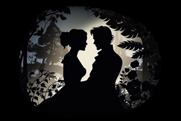 Una silhouette di un uomo e una donna davanti a una foresta illuminata dalla luna.