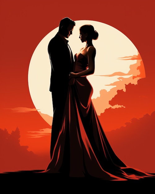 una silhouette di un uomo e una donna in piedi di fronte a una luna piena