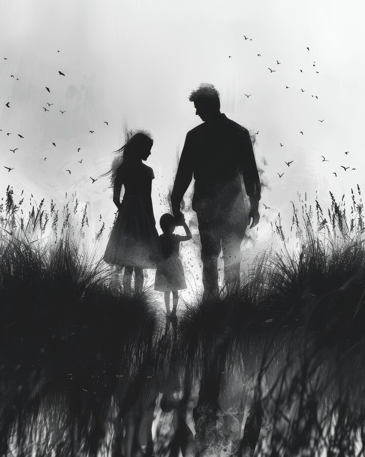 una silhouette di un uomo e una ragazza che si tengono per mano e un uomo che tiene un fiore nell'erba