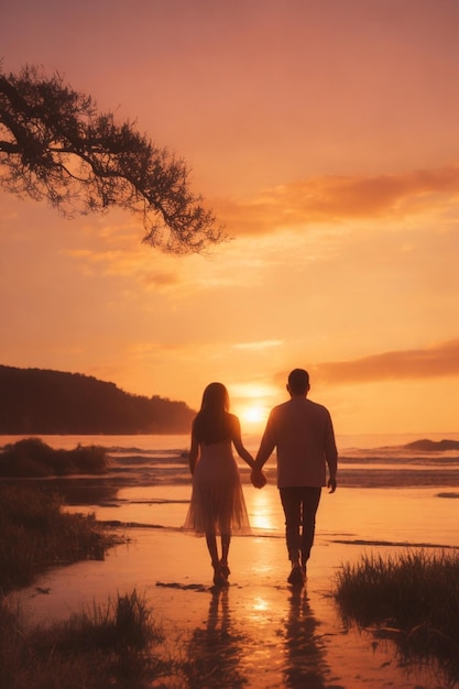 Una silhouette di una coppia che si tiene per mano e cammina sulla spiaggia al tramonto.