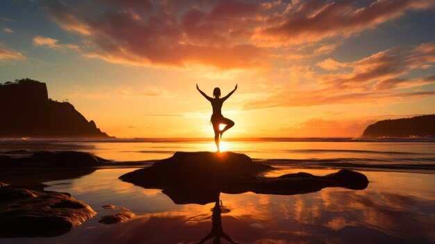 Una silhouette di una donna con le braccia alzate in un gesto di libertà e gioia si trova sulla spiaggia
