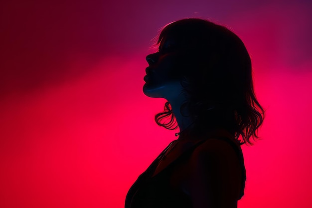 una silhouette di una donna davanti a una luce rossa e blu