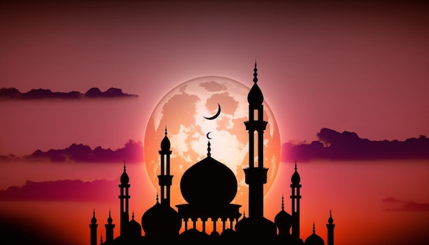 Una silhouette di una moschea con la luna sullo sfondo.
