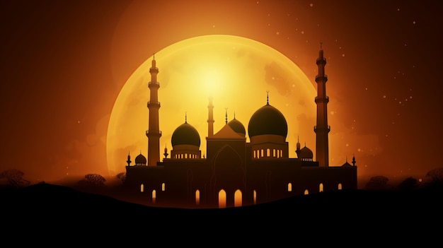 Una silhouette di una moschea con una luna piena sullo sfondo.