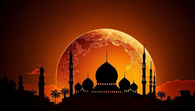 Una silhouette di una moschea con una luna piena sullo sfondo