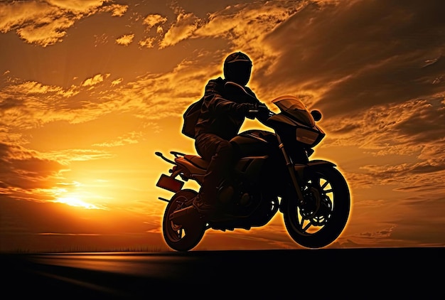 una silhouette di una motocicletta seduta al tramonto