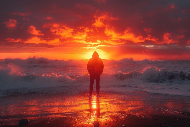 Una silhouette di una persona in piedi su una spiaggia a guardare il tramonto