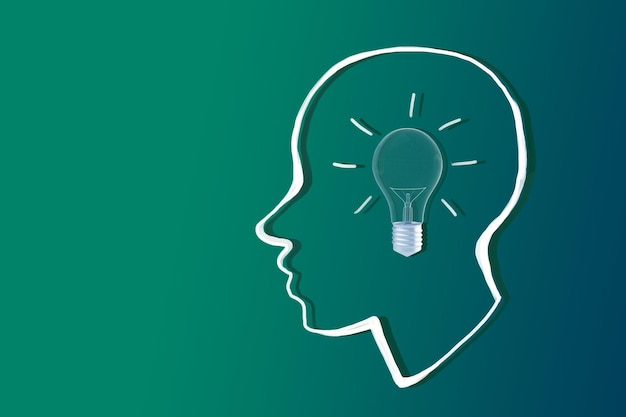 Una silhouette di una testa umana con un concetto di lampadina all'interno su uno sfondo blu che rappresenta la creatività e le idee 3D Rendering