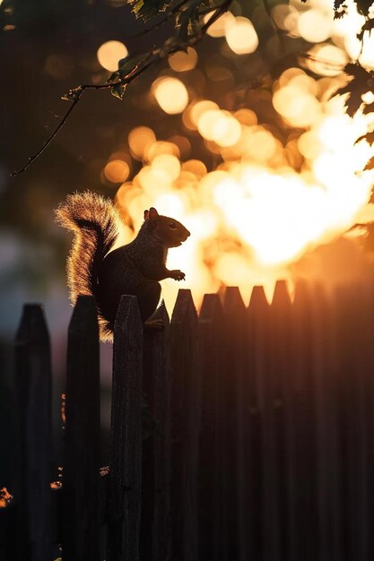 una silhouette di uno scoiattolo mentre scorre lungo una recinzione al tramonto