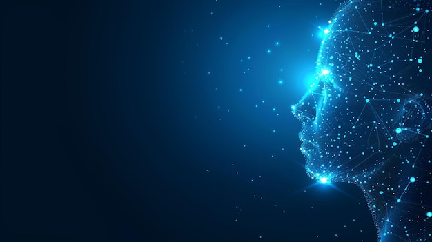 Una silhouette digitale di una testa umana con una rete di punti e linee collegati su uno sfondo blu che simboleggia il concetto di tecnologia e intelligenza AI generativa