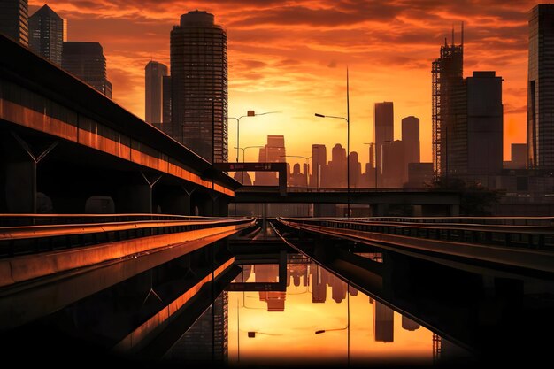 Una silhouette evocativa che cattura i contorni di grattacieli e ponti contro la luce che svanisce