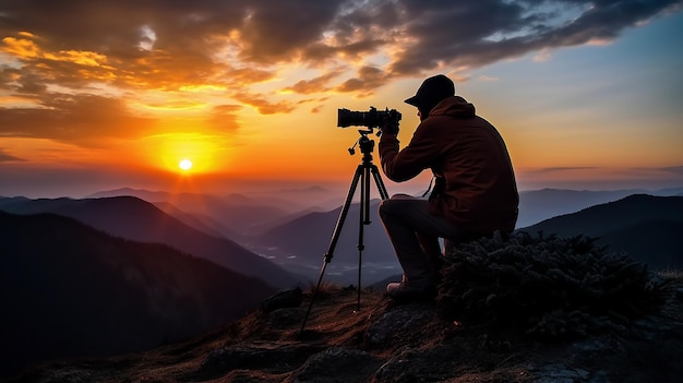 Una silhouette fotografica del fotografo con tramonto serale in montagna