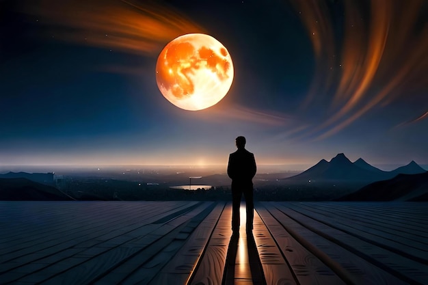 Una silhouette illuminata dalla luna di una figura solitaria in piedi su un tetto che guarda il cielo notturno