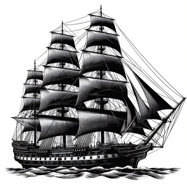 Una silhouette in bianco e nero di una classica nave a vela con più alberi e vele