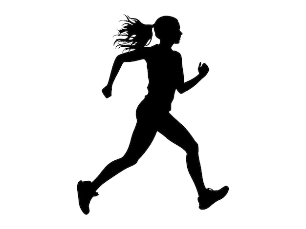 Una silhouette in bianco e nero di una donna che corre isolata su uno sfondo bianco solido