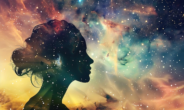 Una silhouette nera del viso di una ragazza su uno sfondo di luci brillanti multicolori
