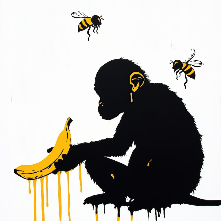 Foto una silhouette nera di una scimmia che tiene una banana gialla con due api gialle che volano sopra