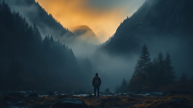 una silhouette solitaria in un paesaggio al tramonto nella nebbia selvaggia atmosfera autunnale di pace e tranquillità