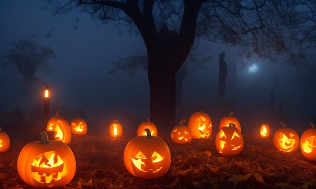 Una silhouette spettrale di una casa infestata illuminata da una lanterna di zucca luminosa in un autunno frizzante