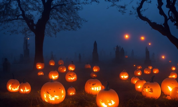 Una silhouette spettrale di una casa infestata illuminata da una lanterna di zucca luminosa in un autunno frizzante