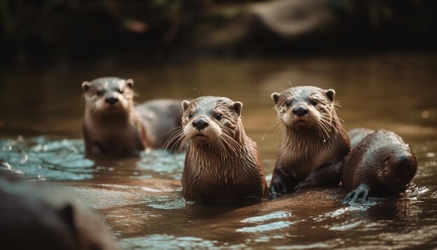 Una simpatica famiglia di foche che nuota nell'acqua blu generata dall'intelligenza artificiale