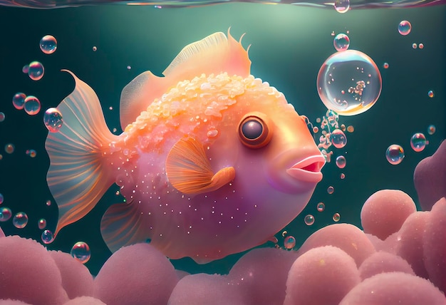 Una simpatica rana pescatrice da favola iperrealista surreale Lo sfondo è un paesaggio con bolle di sapone rosa pesca e iridescenti che galleggiano intorno al generat ai