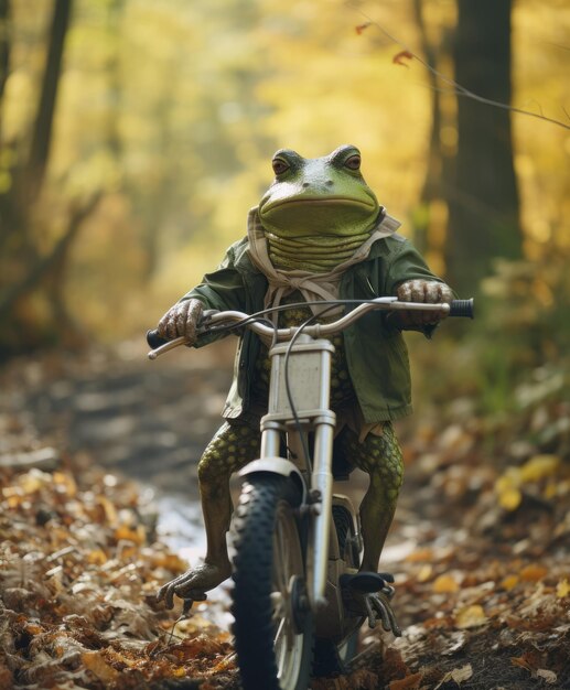 una simpatica rana su una minimoto che attraversa una foresta