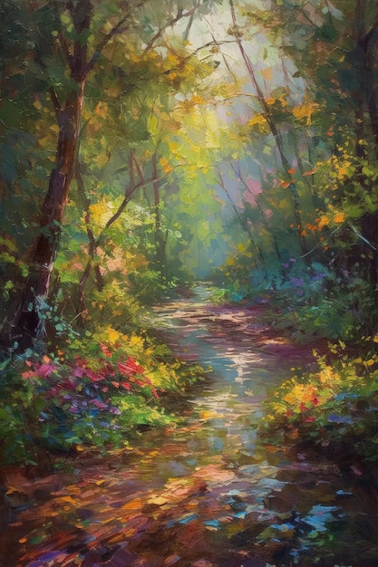 Una sinfonia di colori Pittura impressionista di una foresta bagnata dalla luce del sole