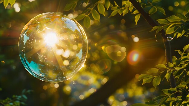 Una singola bolla che galleggia tra le foglie verdi con la luce solare che filtra attraverso la natura incontra il capriccio in questo ambiente sereno perfetto per concetti attenti e tranquilli AI