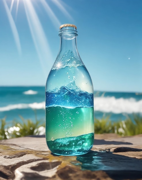 Una singola bottiglia di acqua frizzante illuminata da un sole splendente