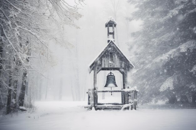 Una singola campana di chiesa coperta di neve serve come simbolo di speranza in una tranquilla vigilia di Natale