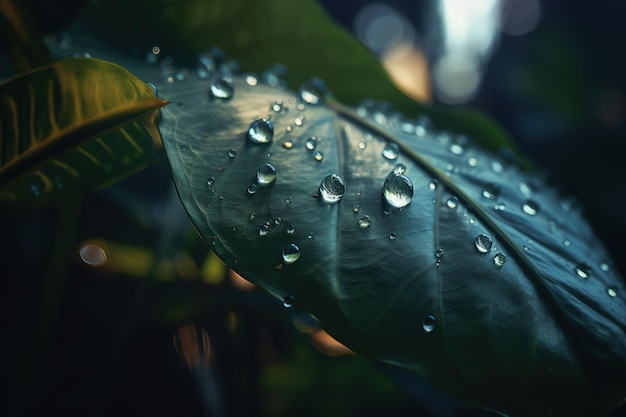 una singola foglia verde su cui sono presenti goccioline d'acqua