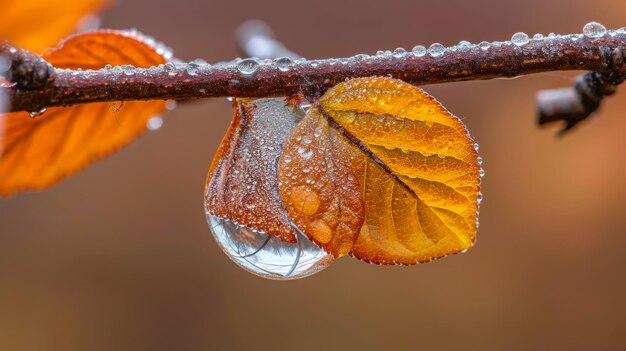 Una singola goccia di pioggia si aggrappa a una foglia che riflette il mondo che la circonda.