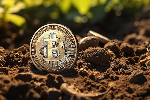 Una singola moneta Bitcoin parzialmente sepolta in un terreno ricco che simboleggia l'investimento in criptovalute