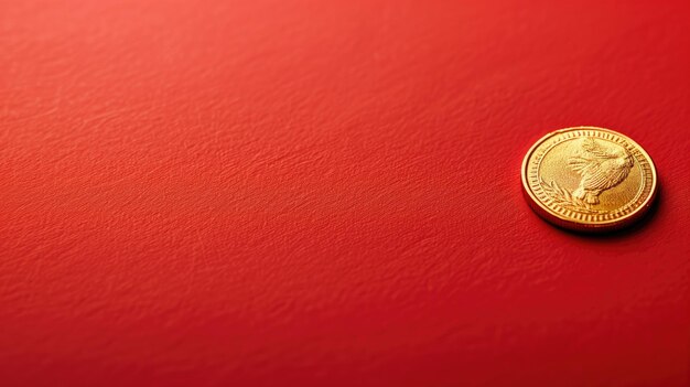 Una singola moneta d'oro posta su uno sfondo rosso texturato parzialmente illuminato da una fonte luminosa