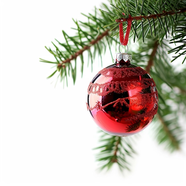 Una singola palla di vetro rossa di Natale appesa a un ramo di pino