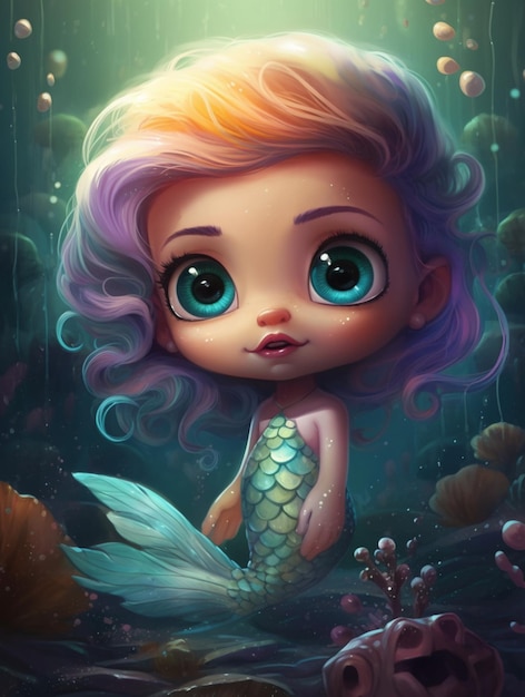 Una sirena con i capelli viola e gli occhi viola si trova in un mondo sottomarino.
