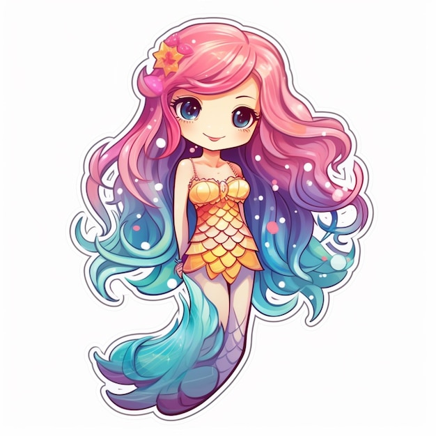 una sirena dei cartoni animati con lunghi capelli rosa e una coda blu