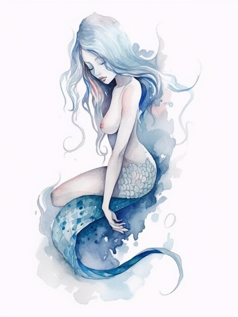 Una sirena si siede su uno sfondo blu e bianco.